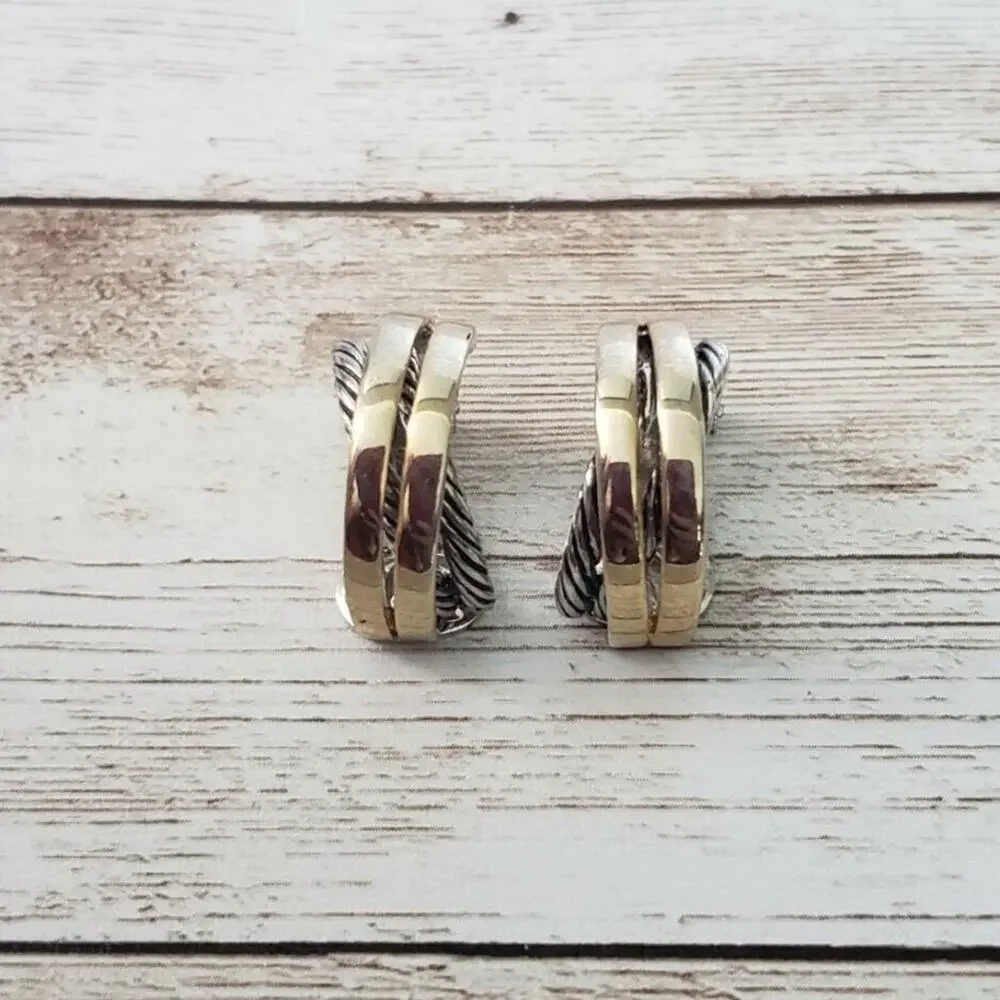 Vintage Clip On Earrings - Half Hoop Gold Tone Kiss with Woven Silver Tone